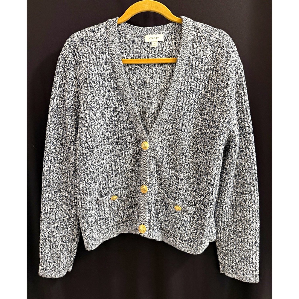 On 34th Women's XL Blue/White Marled Knit V-Neck Button Cardigan Pockets